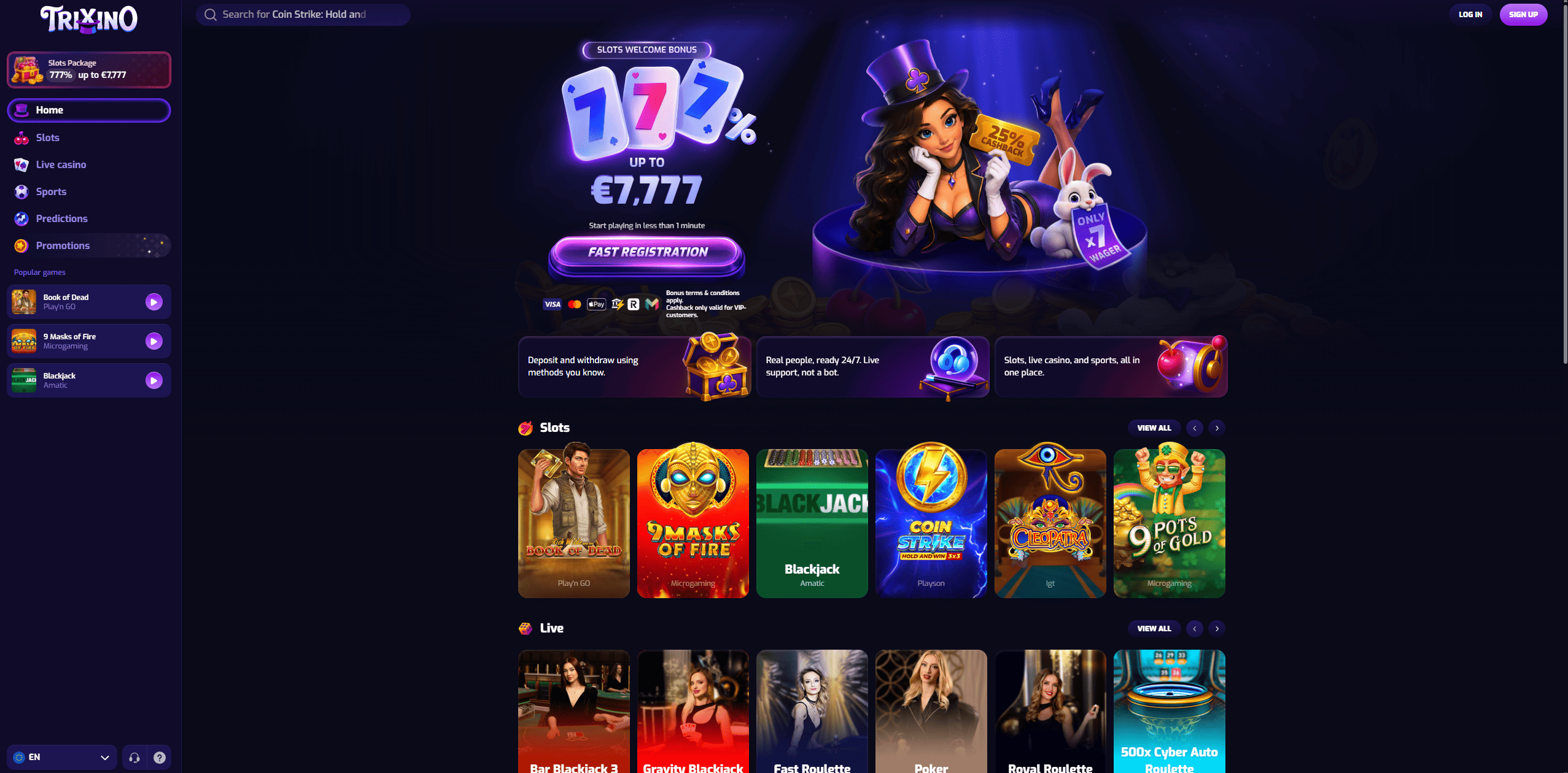 Screenshot of the Trixino Casino website